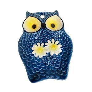 Vintage blue Owl Ceramic Spoon Rest or Catchall Trinket Dish , Wall Hanging Owl